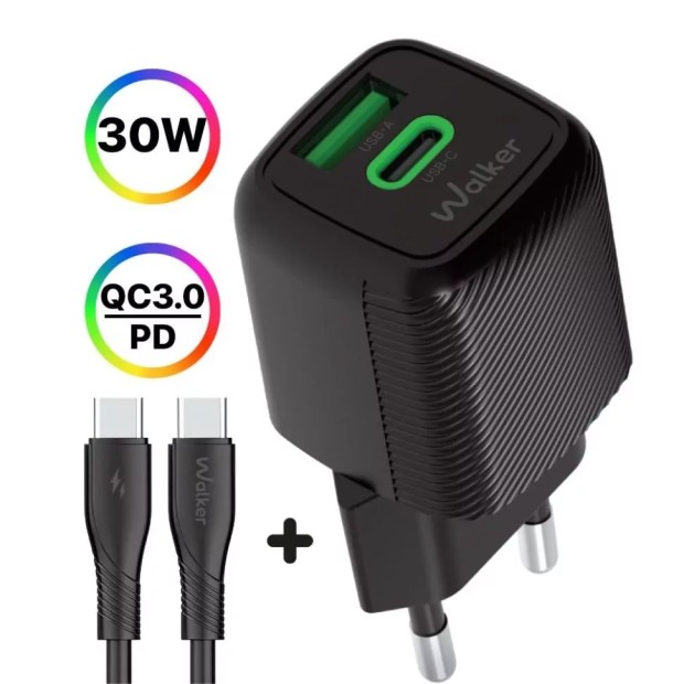 Зарядний адаптер Walker WH-71 30W GAN (1USB / 1Type-C) + кабель Type-C - Type-C (Чорний)